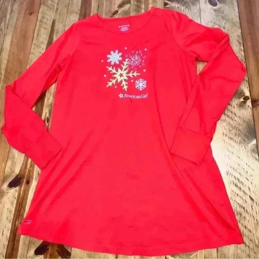 American Girl Red Snowflake embroidered t-shirt dress long sleeve NWOT